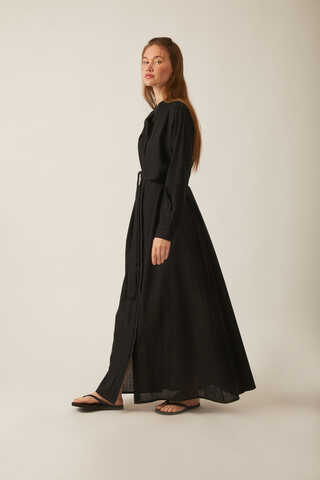 Asymmetric Buttoned Dress Black - 19