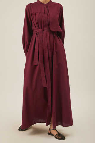 Asymmetric Buttoned Dress in Burgundy - 2