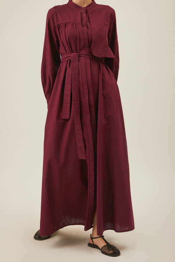 Asymmetric Buttoned Dress in Burgundy - 2