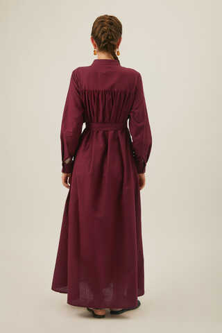 Asymmetric Buttoned Dress in Burgundy - 12