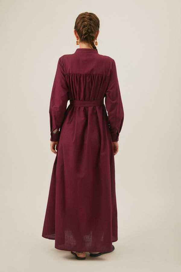 Asymmetric Buttoned Dress in Burgundy - 12