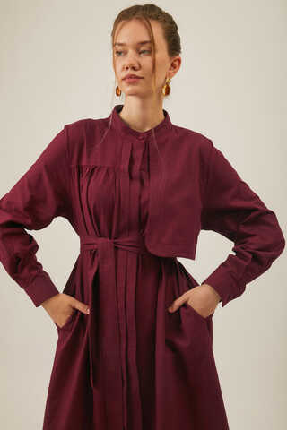 Asymmetric Buttoned Dress in Burgundy - 3