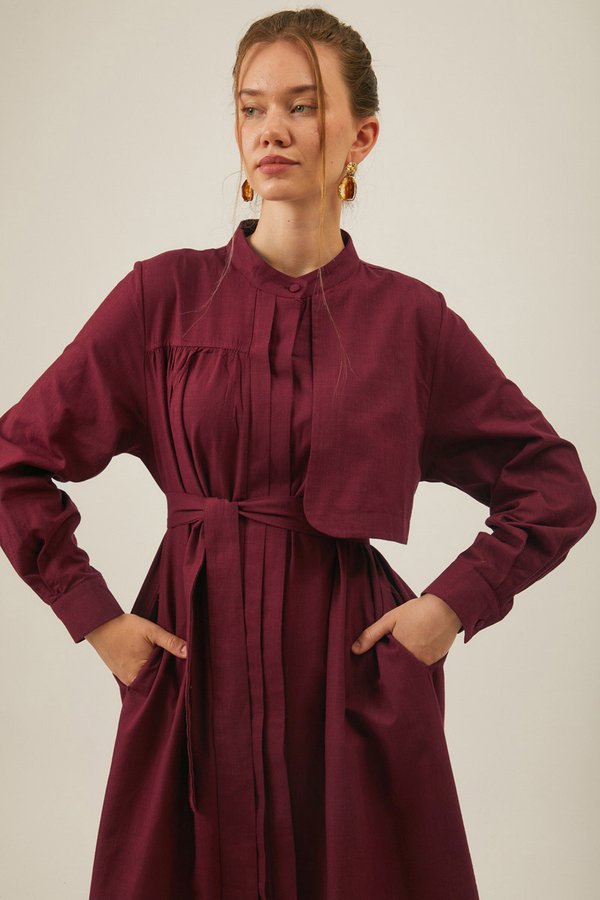 Asymmetric Buttoned Dress in Burgundy - 3