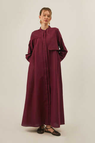 Asymmetric Buttoned Dress in Burgundy - 7