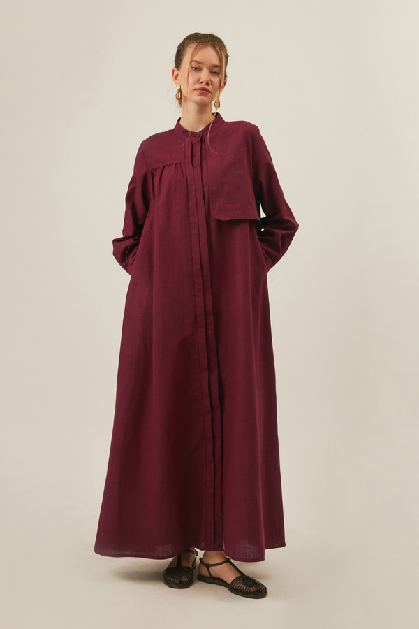 Asymmetric Buttoned Dress in Burgundy - 7