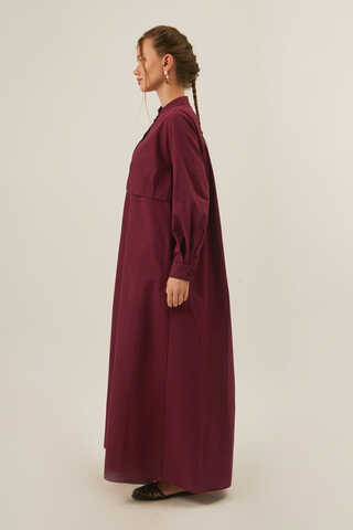 Asymmetric Buttoned Dress in Burgundy - 8