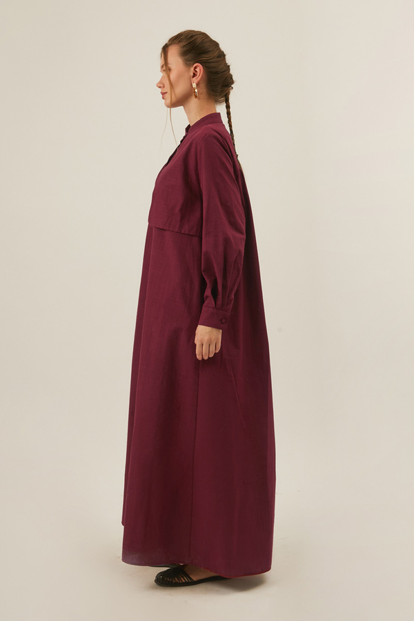 Asymmetric Buttoned Dress in Burgundy - 8