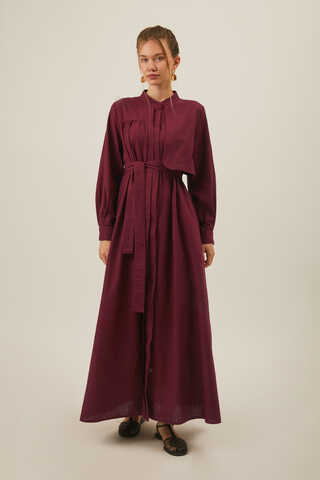 Asymmetric Buttoned Dress in Burgundy - 1