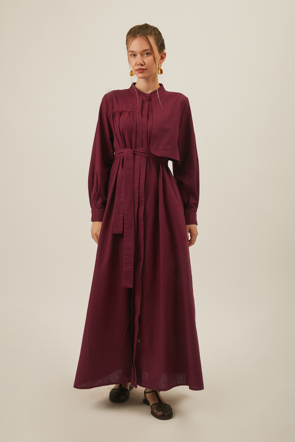Asymmetric Buttoned Dress in Burgundy - 1