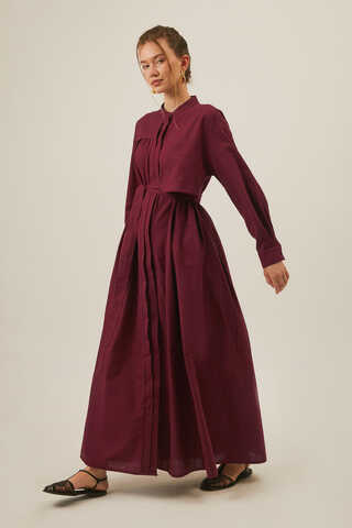 Asymmetric Buttoned Dress in Burgundy - 10