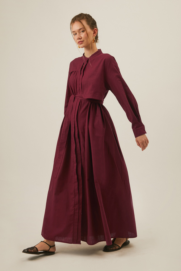 Asymmetric Buttoned Dress in Burgundy - 10