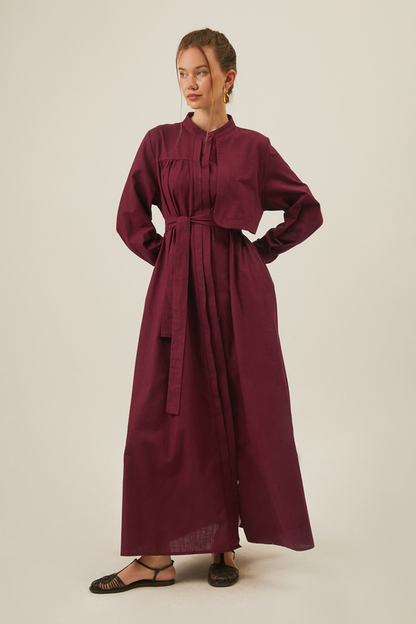 Asymmetric Buttoned Dress in Burgundy - 11