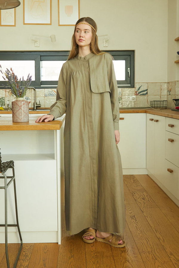 Asymmetric Buttoned Dress Khaki - 6