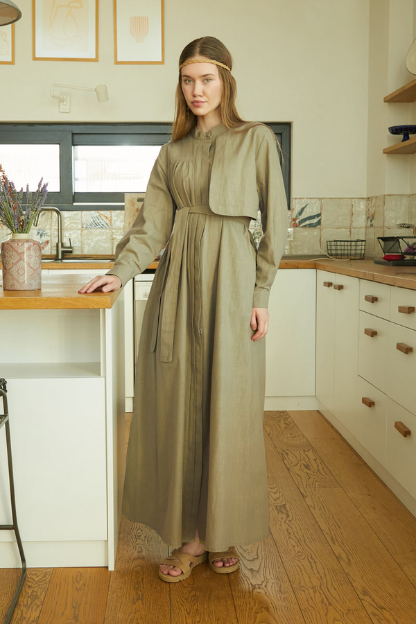 Asymmetric Buttoned Dress Khaki - 8