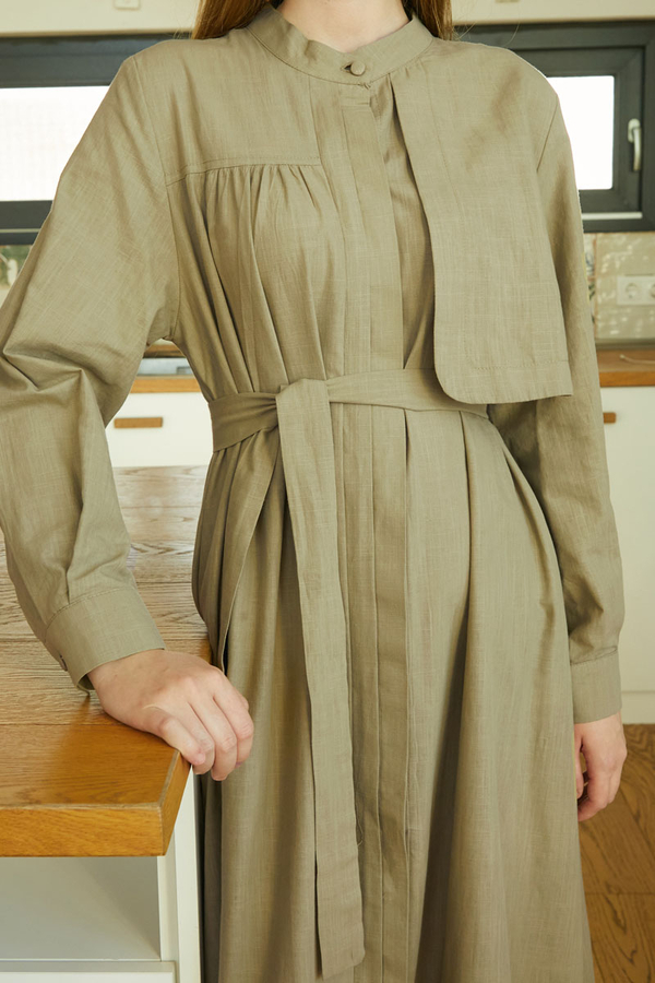 Asymmetric Buttoned Dress Khaki - 7