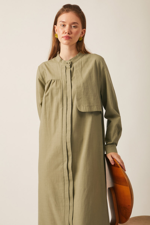 Asymmetric Buttoned Dress Khaki - 14