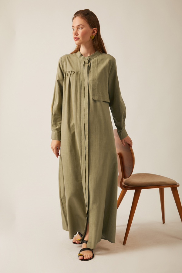 Asymmetric Buttoned Dress Khaki - 15