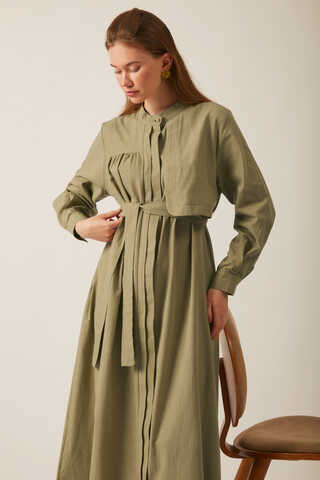 Asymmetric Buttoned Dress Khaki - 18