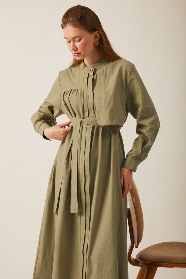 Asymmetric Buttoned Dress Khaki - 18