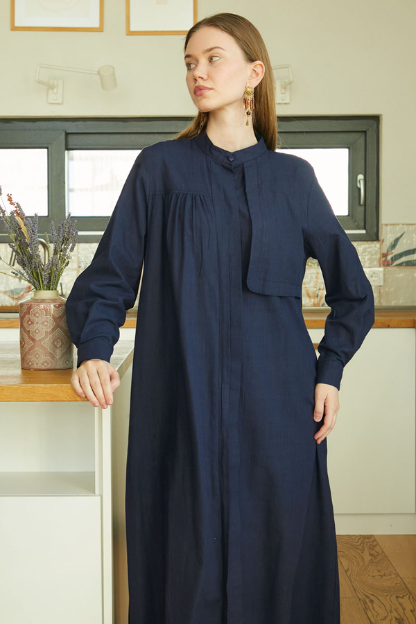 Asymmetric Buttoned Dress Navy - 3