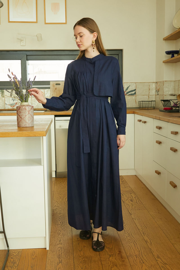 Asymmetric Buttoned Dress Navy - 8