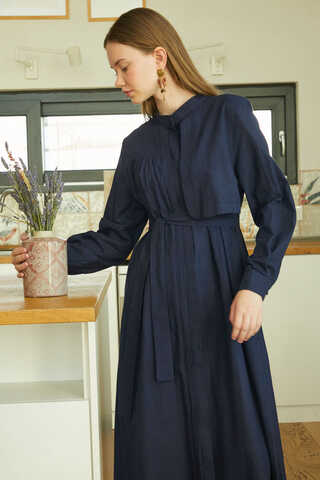 Asymmetric Buttoned Dress Navy - 9