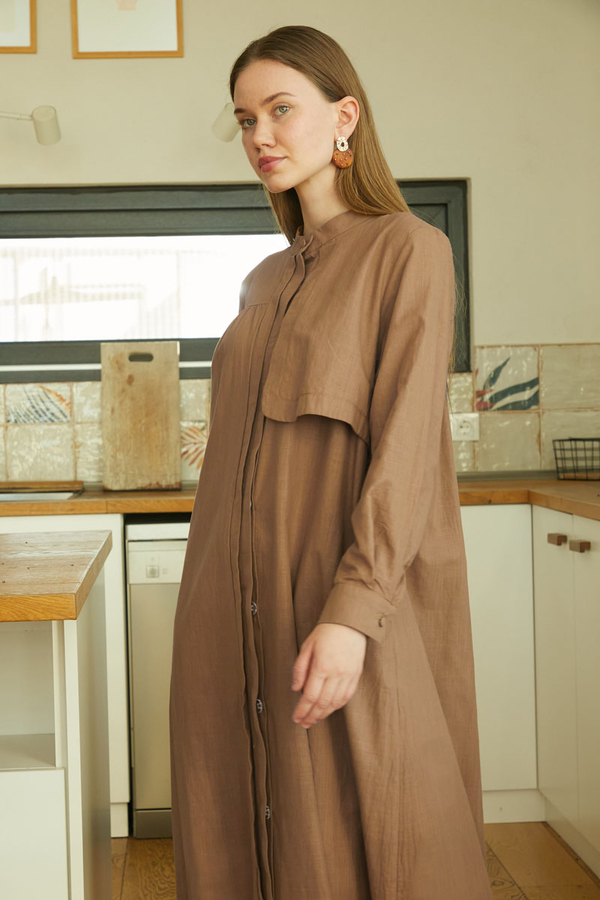 Asymmetric Buttoned Dress Tan - 2