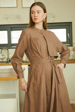 Asymmetric Buttoned Dress Tan - 4