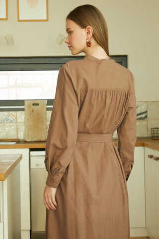 Asymmetric Buttoned Dress Tan - 7