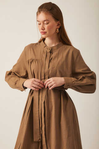 Asymmetric Buttoned Dress Tan - 17