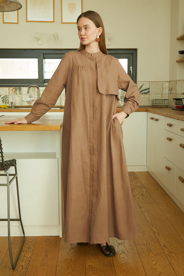 Asymmetric Buttoned Dress Tan - 3