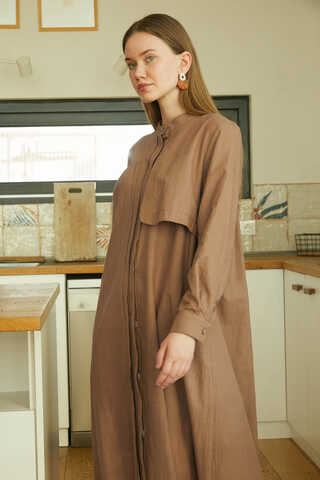 Asymmetric Buttoned Dress Tan - 2