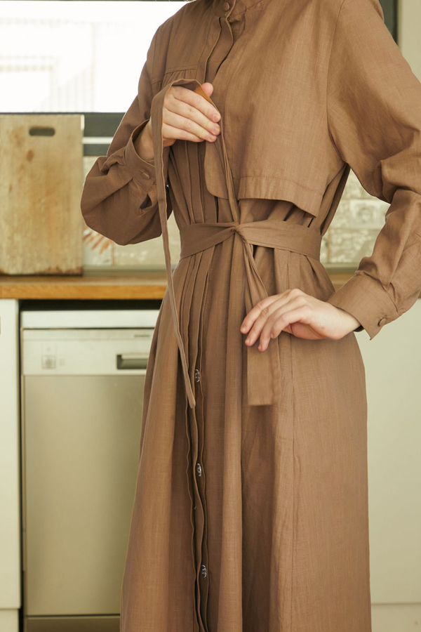 Asymmetric Buttoned Dress Tan - 5