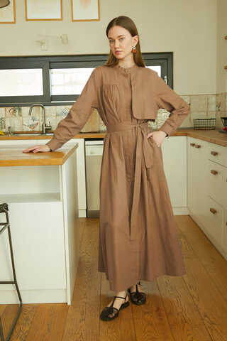 Asymmetric Buttoned Dress Tan - 6