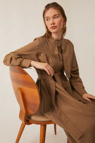 Asymmetric Buttoned Dress Tan - 8