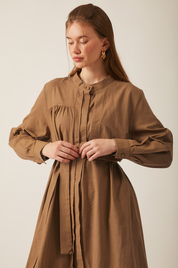 Asymmetric Buttoned Dress Tan - 17