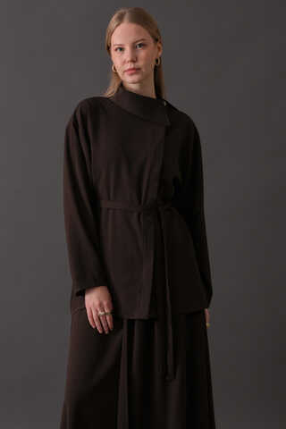 Asymmetric Collar Shirt Dark Brown - 4