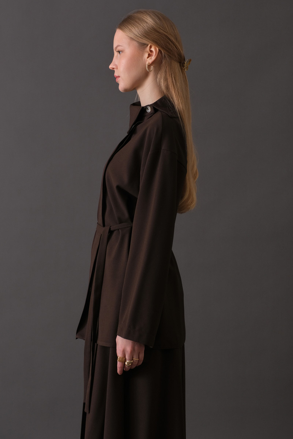 Asymmetric Collar Shirt Dark Brown - 5