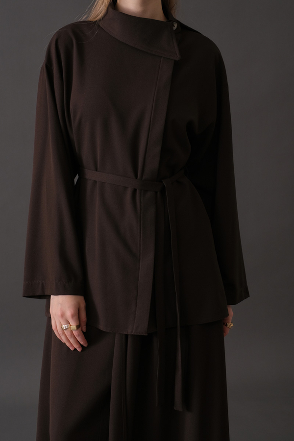 Asymmetric Collar Shirt Dark Brown - 3