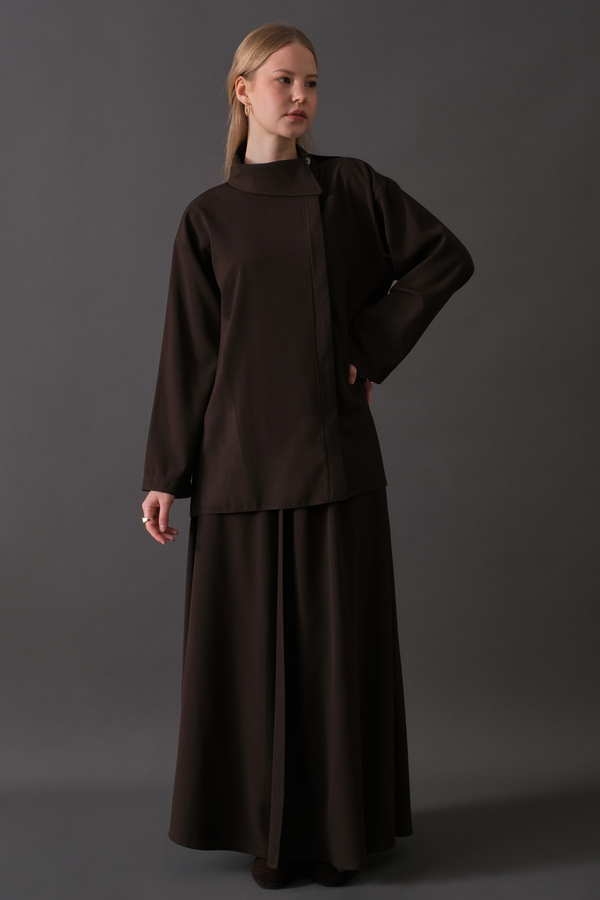 Asymmetric Collar Shirt Dark Brown - 6