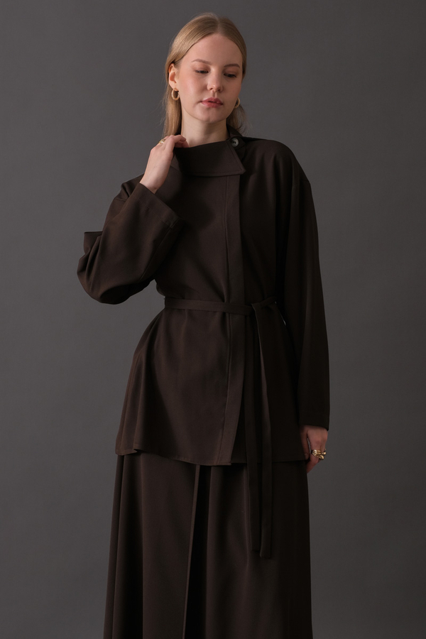 Asymmetric Collar Shirt Dark Brown - 8