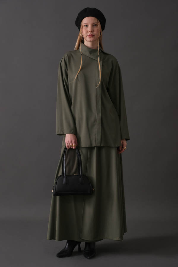 Asymmetric Collar Shirt Khaki - 2