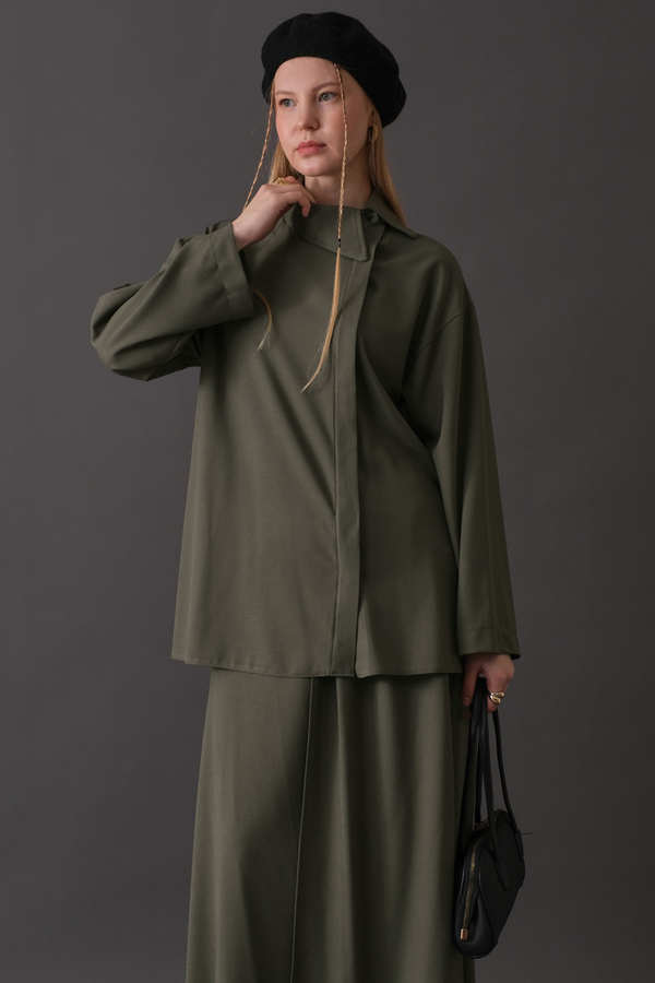 Asymmetric Collar Shirt Khaki - 3