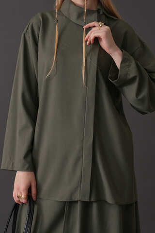 Asymmetric Collar Shirt Khaki - 5