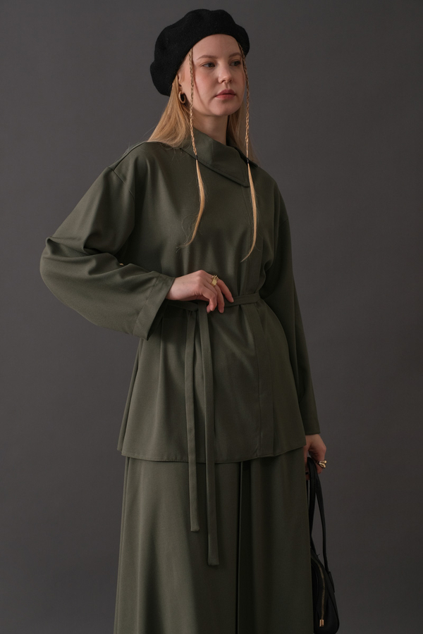 Asymmetric Collar Shirt Khaki - 6