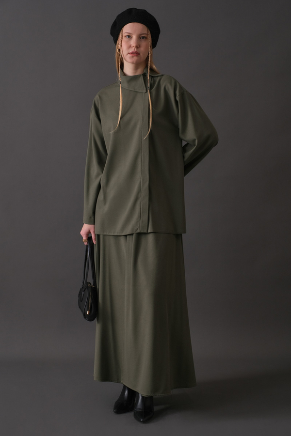 Asymmetric Collar Shirt Khaki - 7