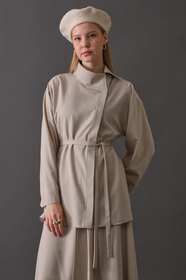 Asymmetric Collar Shirt Stone - 1