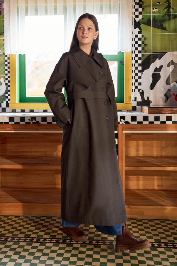 Asymmetric Dropped Shoulder Trench Coat Dark Coffee - 2