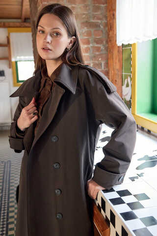 Asymmetric Dropped Shoulder Trench Coat Dark Coffee - 5
