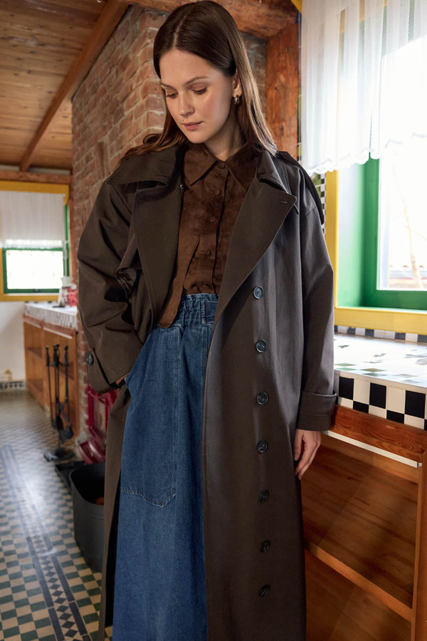 Asymmetric Dropped Shoulder Trench Coat Dark Coffee - 6